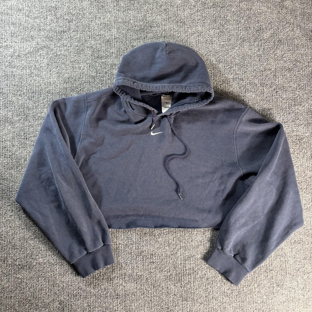 Nike Hoodie Womens Large Blue Cropped Fleece Pullover Swoosh Logo Raw Hem